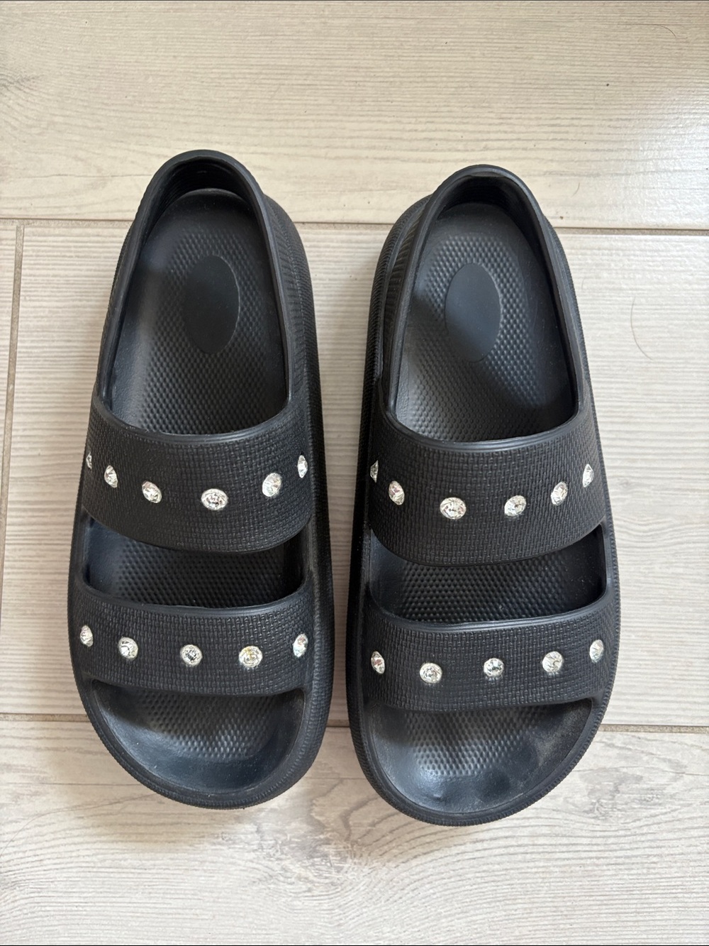 Kenneth Cole Black Double-Strap Slide Sandals with Rhinestone Studs